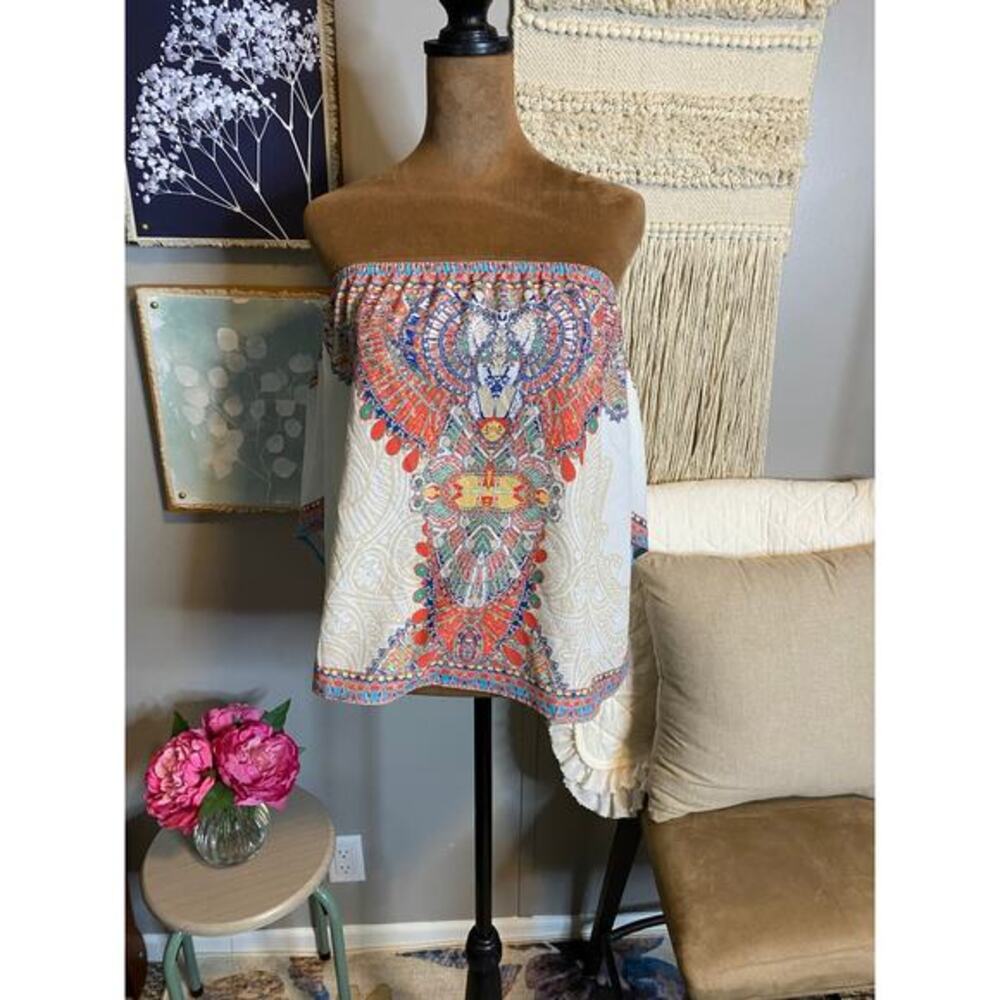 Flying Tomato Off Shoulder Boho Peasant Top S Tribal Print Bell Sleeve Blouse
